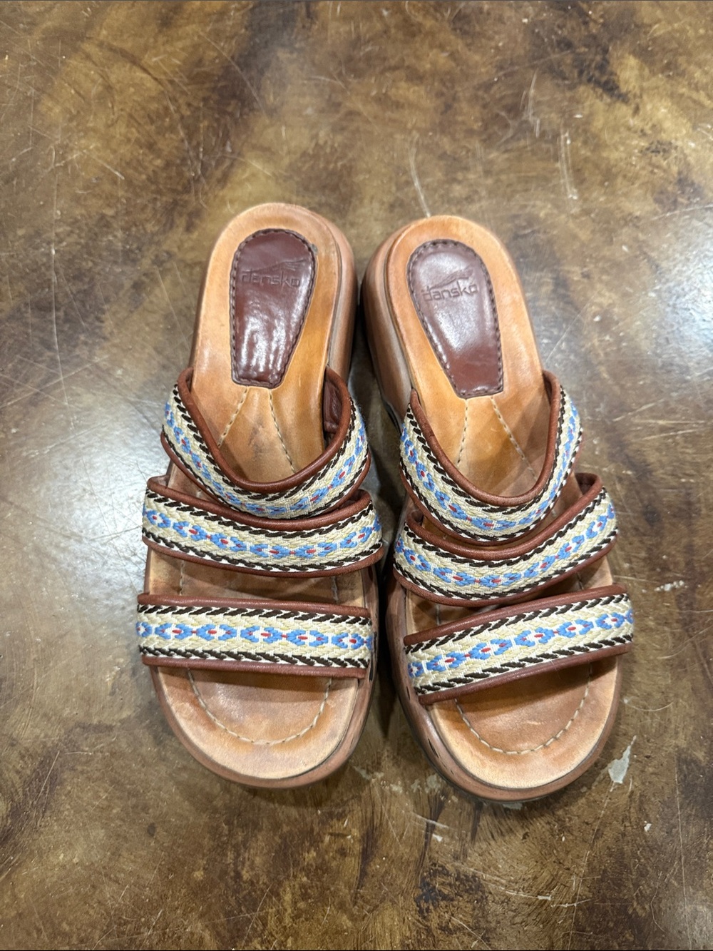 Dansko Brown Leather Slide Mules with Multicolor Braided Straps